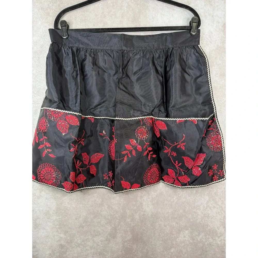 Vintage 50s Nylon Half Apron Black Red Floral Glitter‎ Rickrack Trad Wife Baking